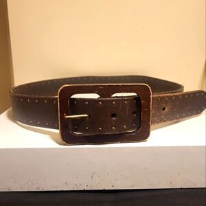 Talbots Brown Leather Belt w/Studs Distressed Wooden Buckle Sz.Small 34" Ret $89